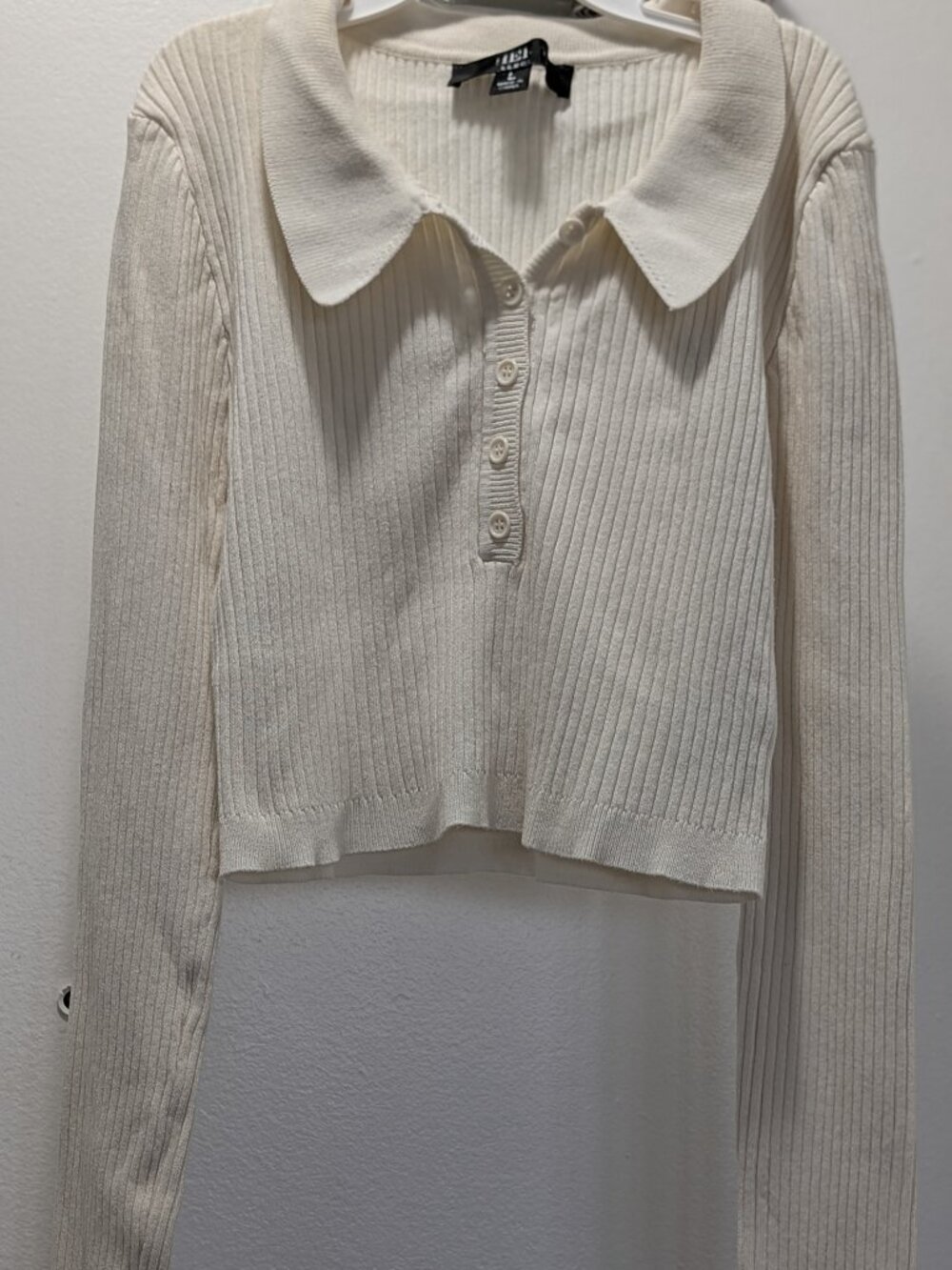 HERA Cream Collar Long Sleeve Ribbed Cropped Polo Top Womens L